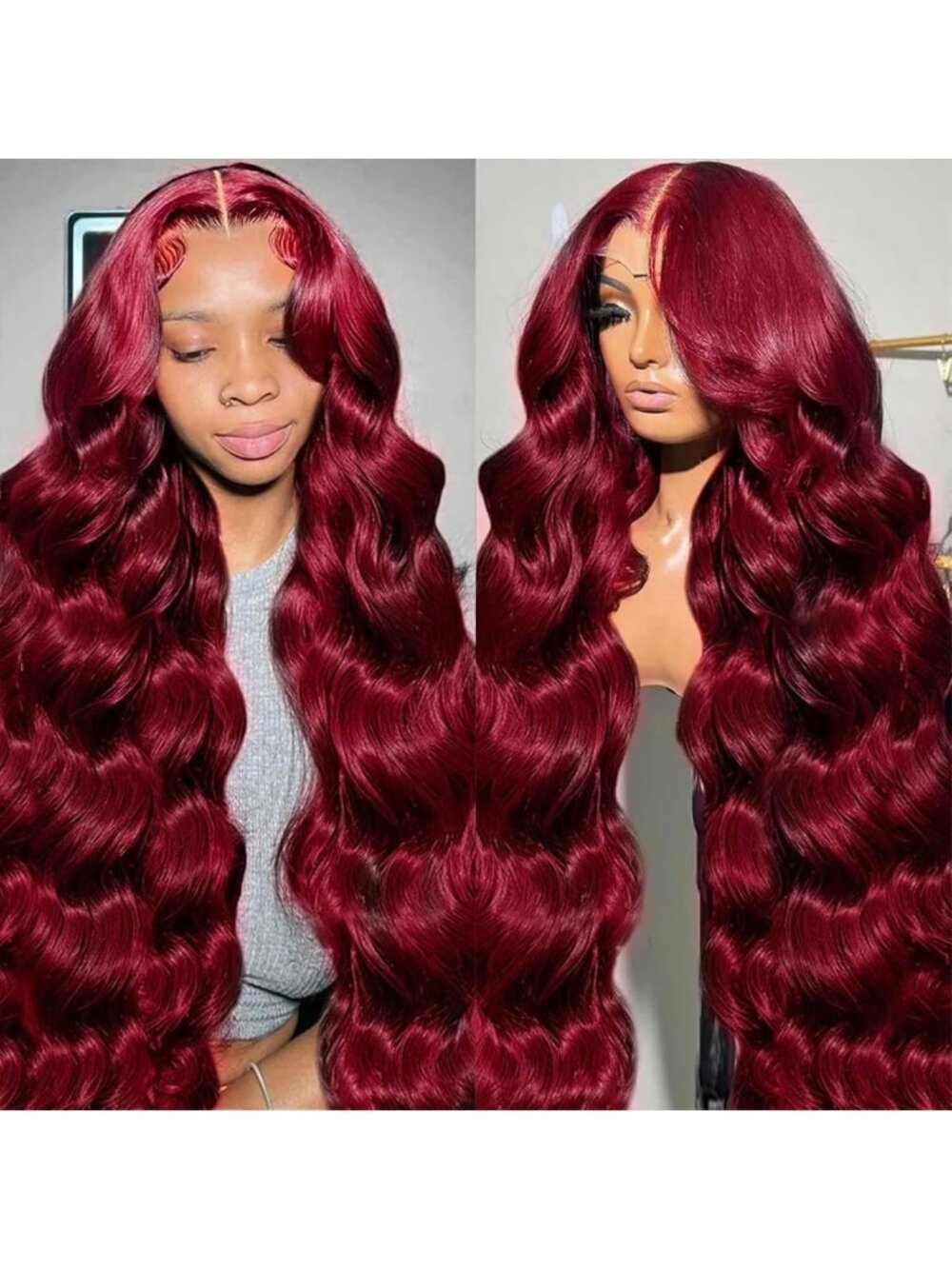 QZOQZO 28 Inch Burgundy 13x6 Lace Front Wigs Human Hair HD 99j Wig